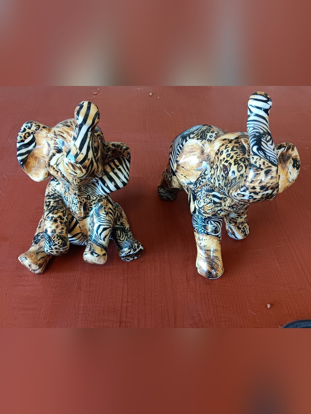 Animal Print Ceramic Elephant Figurines - Black & Tan
